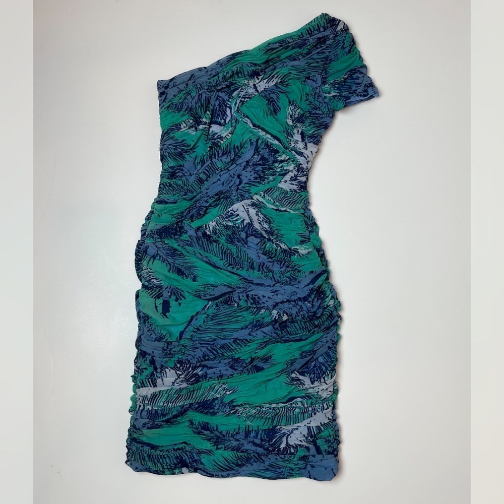 BCBGMAXAZRIA Teal Green Asymmetrical One Shoulder Tropical Print Dress Size XS